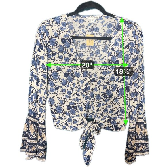 American Eagle NEW Blue White Boho Floral Bell Sleeve Cottagecore Tie Top S - Picture 5 of 8